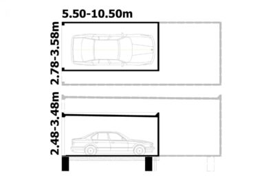 Vue en plan et coupe d'un garage de grandes dimensions